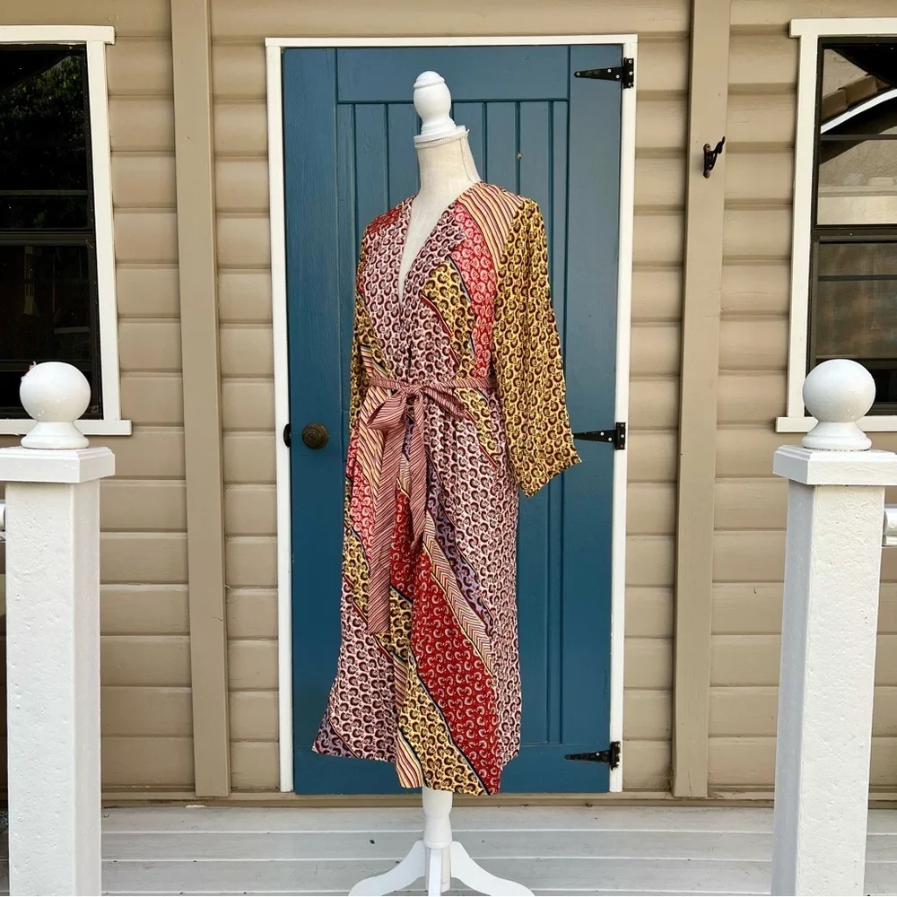 Cabi Multicolor Longline Kimono w/Tie and pockets Patchwork Boho Women’s Size S - Picture 2 of 9